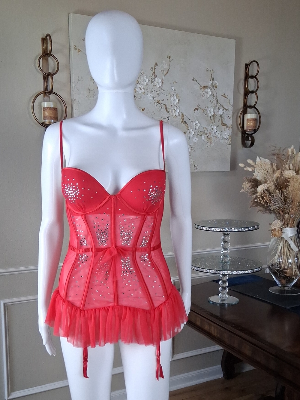 Victoria's Secret Runway Red Push-up Crystals Corset Garter Mini Dress Sexy 34C - Picture 11 of 16